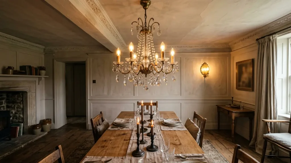 Brass and glass chandelier hung above a dining table in a high end dining room with panelled walls