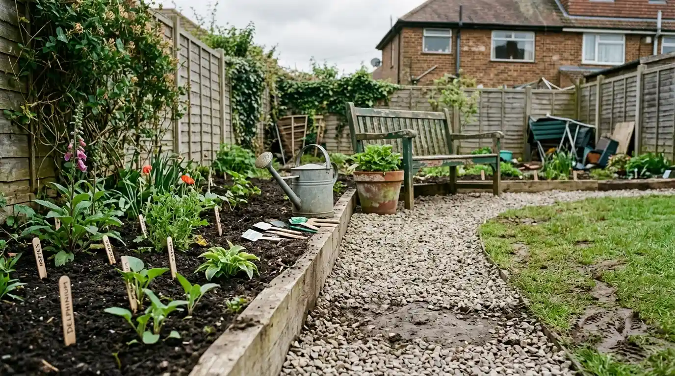 Budget garden in progress with a gravel path, reclaimed timber raised bed, seedlings and a second-hand wooden table, showing how to design a garden on a budget