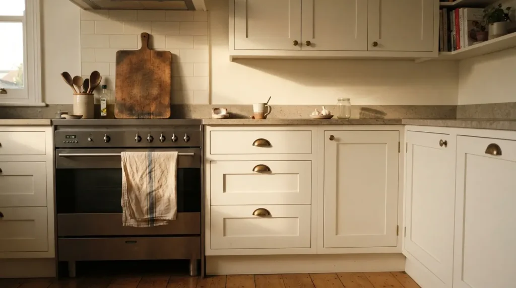 Contrasting kitchen island in charcoal against pale perimeter cabinetry demonstrating a 60:30:10 colour scheme