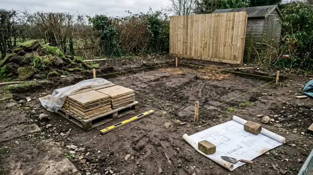 Garden patio area marked out with pegs and string line before paving, part of a garden layout guide