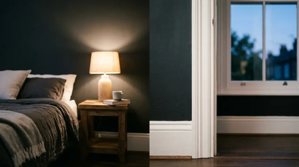 Charcoal bedroom wall contrasted against white trim and warm lighting