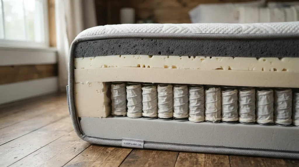 Cross-section of a mattress showing genuine thickness and support layers