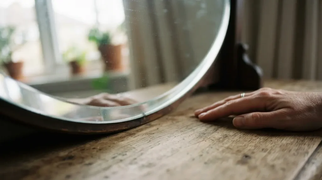Close-up of a bevelled mirror edge showing quality finish detail