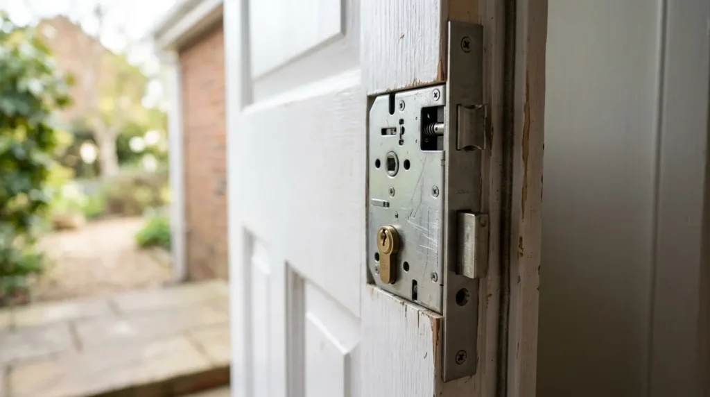 Close-up of a mortice lock and multi-point locking system on a front door