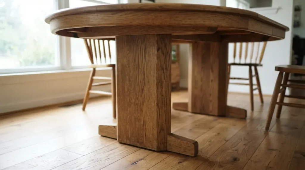Oval dining table with legs set back from the edges for genuine knee room