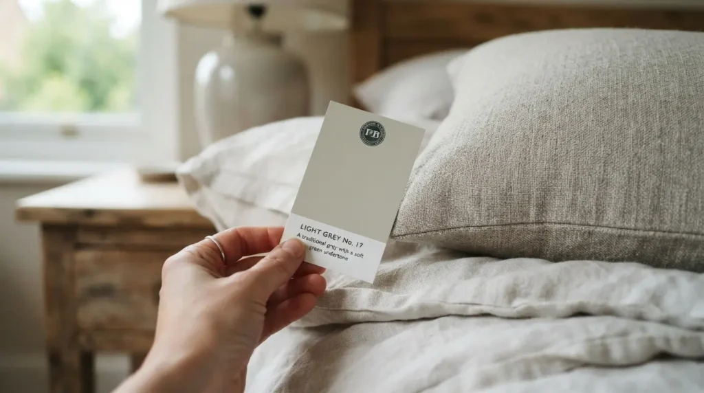Paint colour held against bedding and furniture for coordination