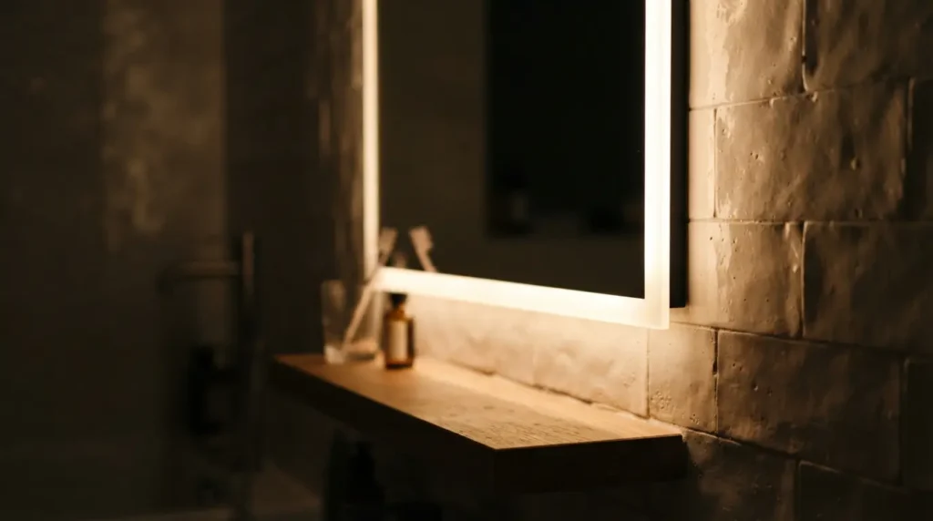 Backlit LED mirror giving a soft ambient glow in a bathroom