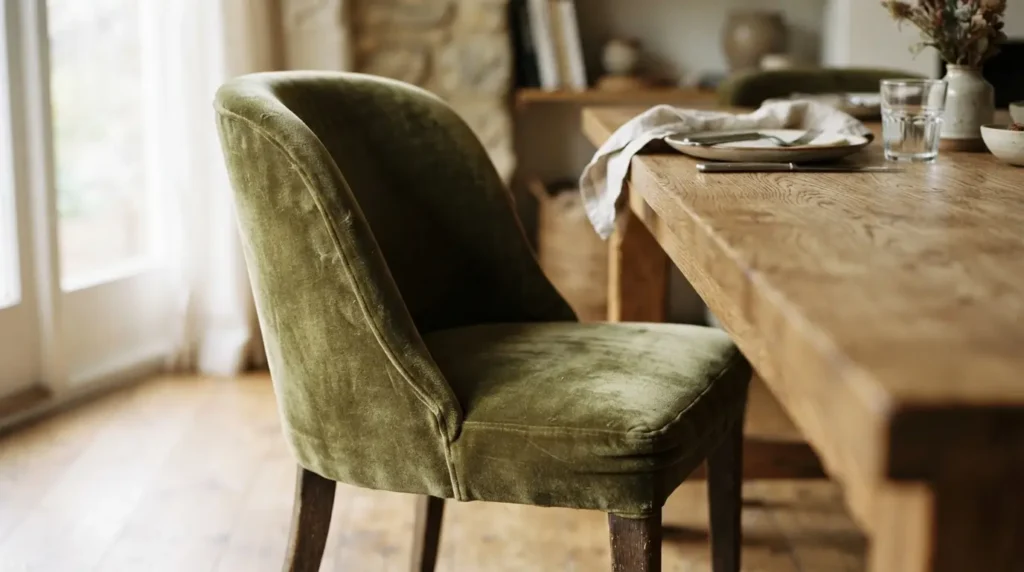 Upholstered velvet dining chairs adding comfort and softening room acoustics