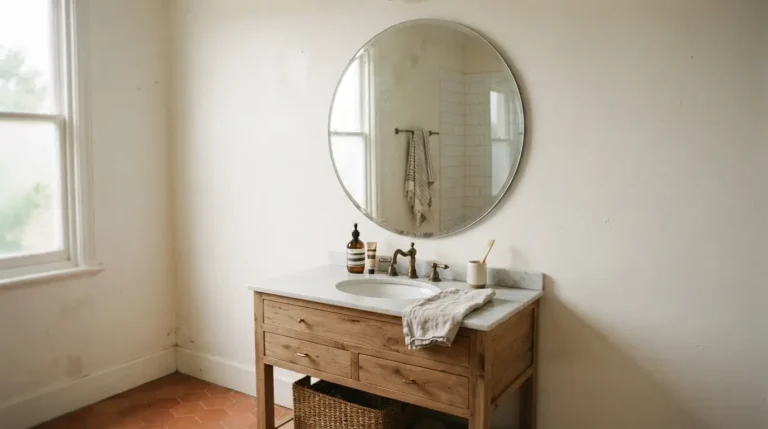 Round frameless mirror sized to match a bathroom vanity