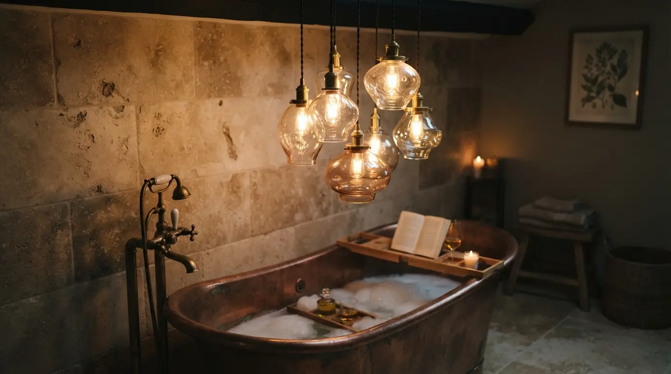 Cluster of pendant lights above a freestanding bath creating atmospheric bathroom lighting