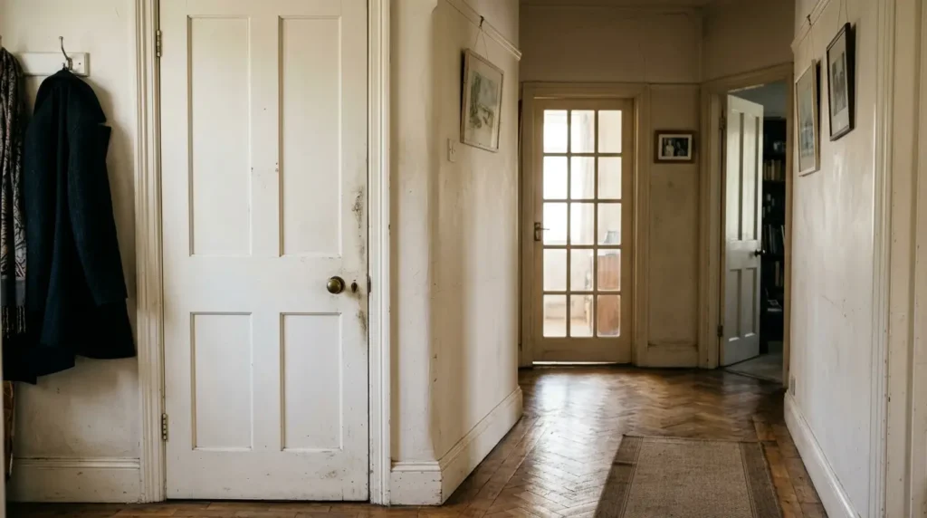Comparison of panel, shaker, and glazed internal door styles in a bright period hallway