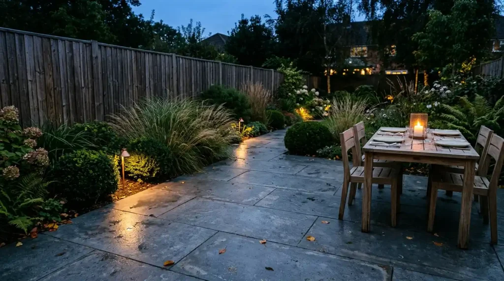 Contemporary garden with porcelain paving, timber-clad boundary and ornamental grasses at dusk with warm integrated lighting