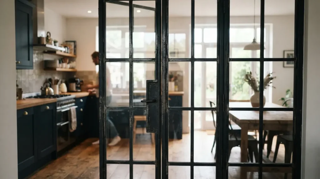 Crittall-style internal French doors with glazing bars in an open-plan kitchen