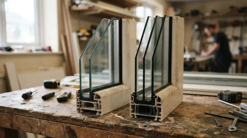 Cross-section comparison of double glazed and triple glazed window units