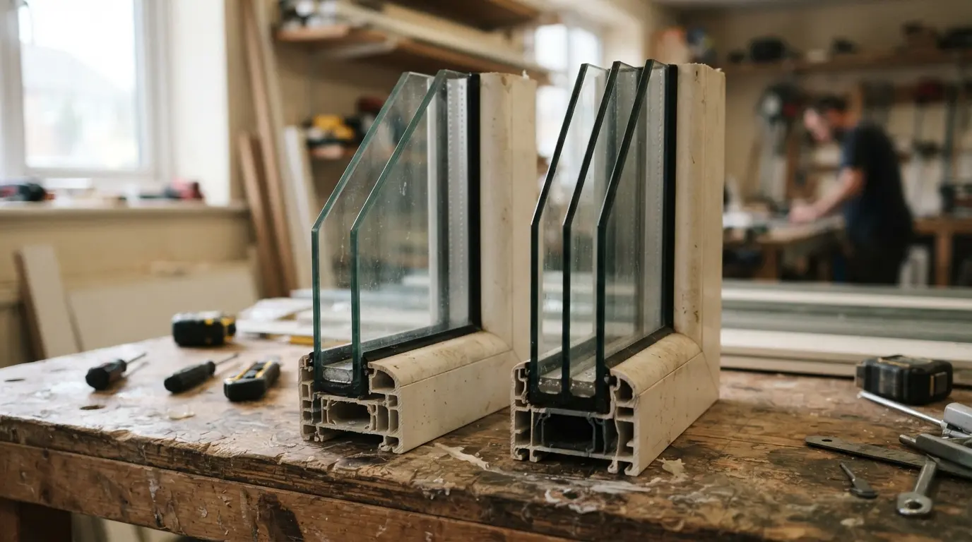 Cross-section comparison of double glazed and triple glazed window units
