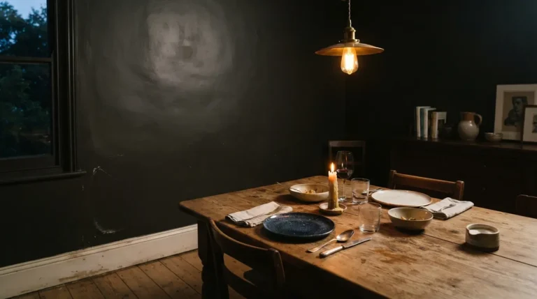 Dark dining room paint in deep navy blue with candlelit table setting