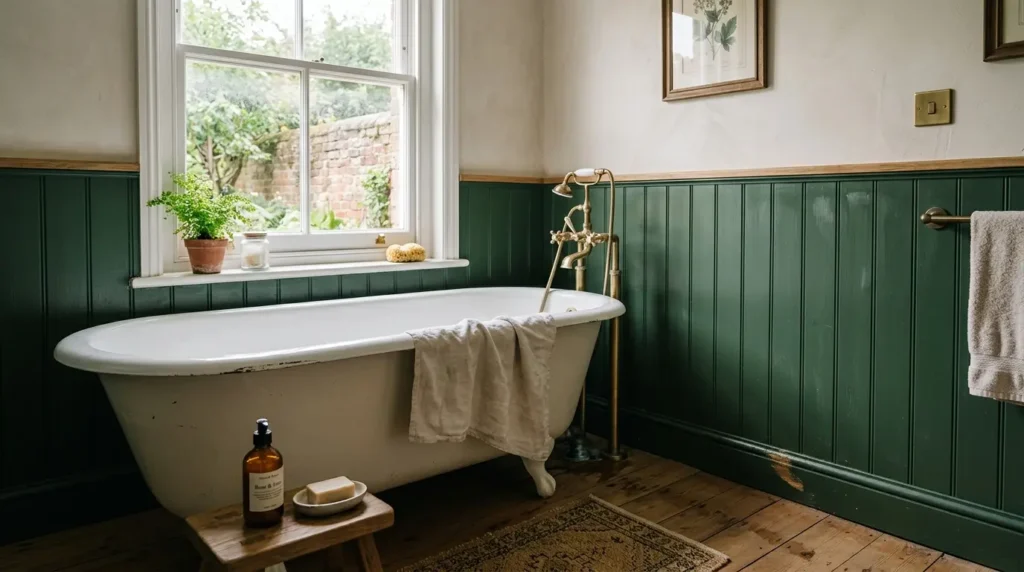 Dark green half-height tongue and groove bathroom wall panelling with a freestanding bath and brushed brass tap