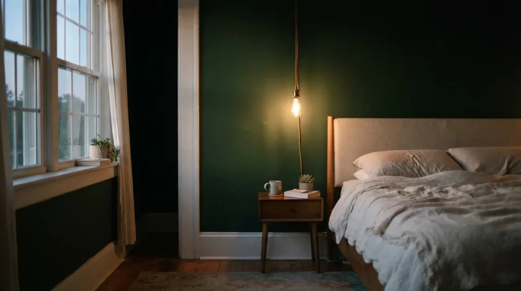 Deep forest green bedroom wall with white trim contrast
