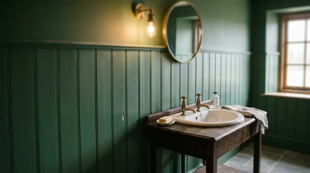 Deep green vertical tongue and groove panelling above a dark wood washstand with brushed brass taps