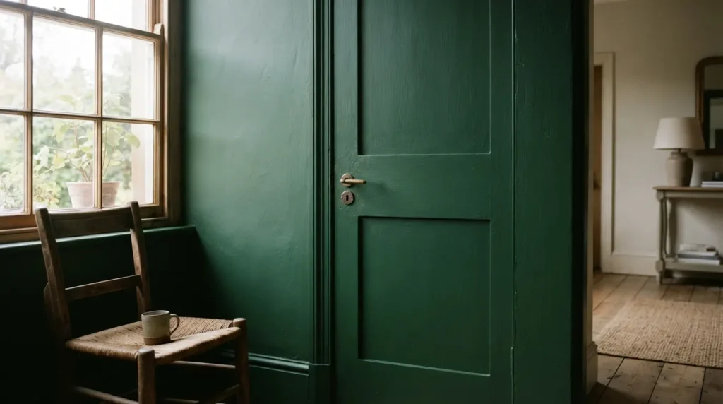 Colour-drenched deep green door and frame matching the surrounding wall