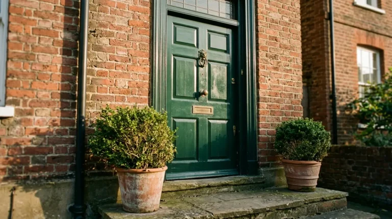 Deep blue front door with brass hardware and symmetrical potted plants creating a welcoming entrance
