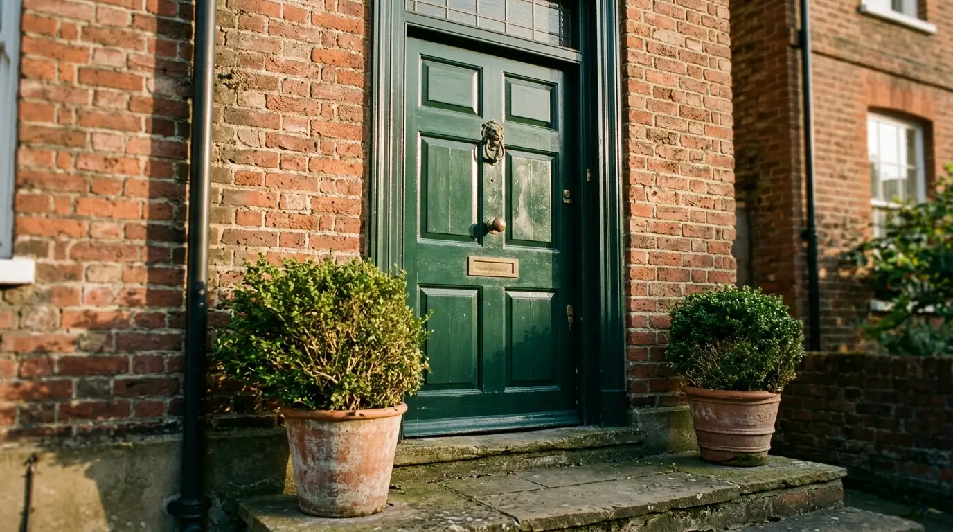 Deep blue front door with brass hardware and symmetrical potted plants creating a welcoming entrance