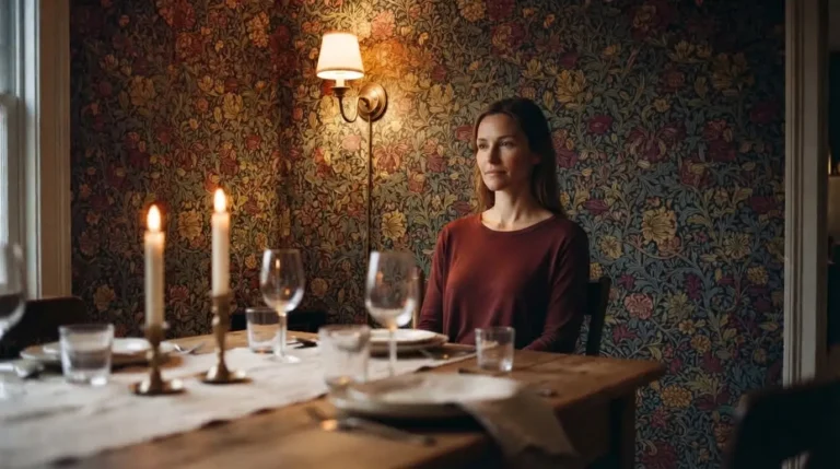Deep cocooning floral wallpaper in a dramatic evening dining room