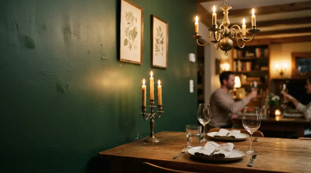Deep forest green dining room wall with candlelight creating warm atmosphere