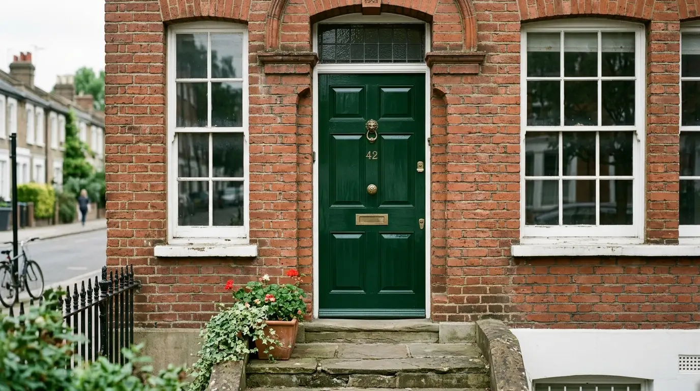 Deep green front door on a Victorian terrace with original brickwork