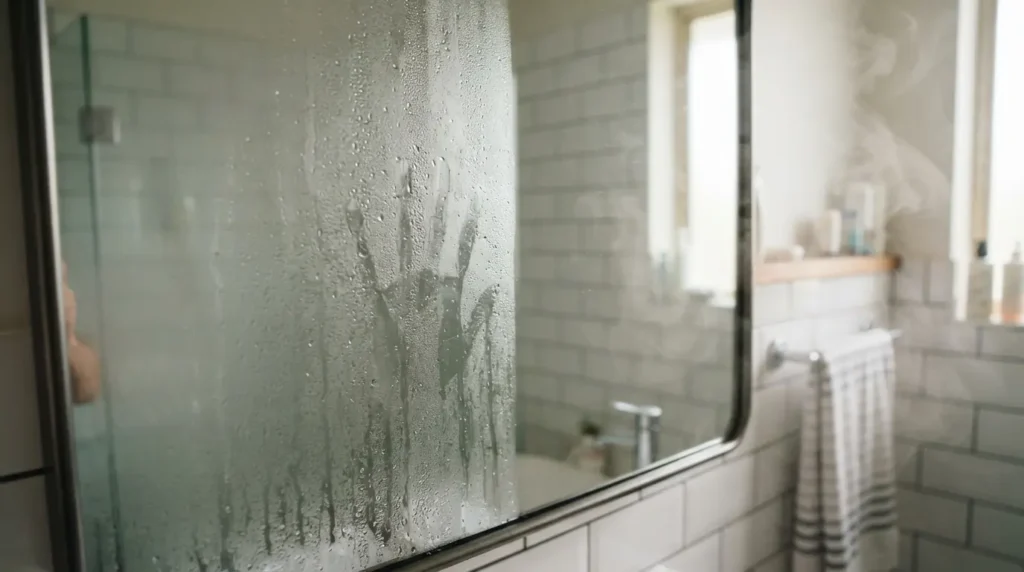 Demister pad keeping a bathroom mirror clear after a hot shower