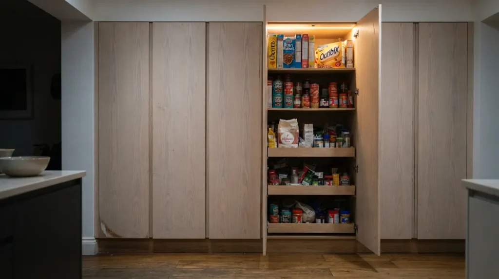 Full-height handleless pantry wall with push-open doors and under-cabinet LED lighting