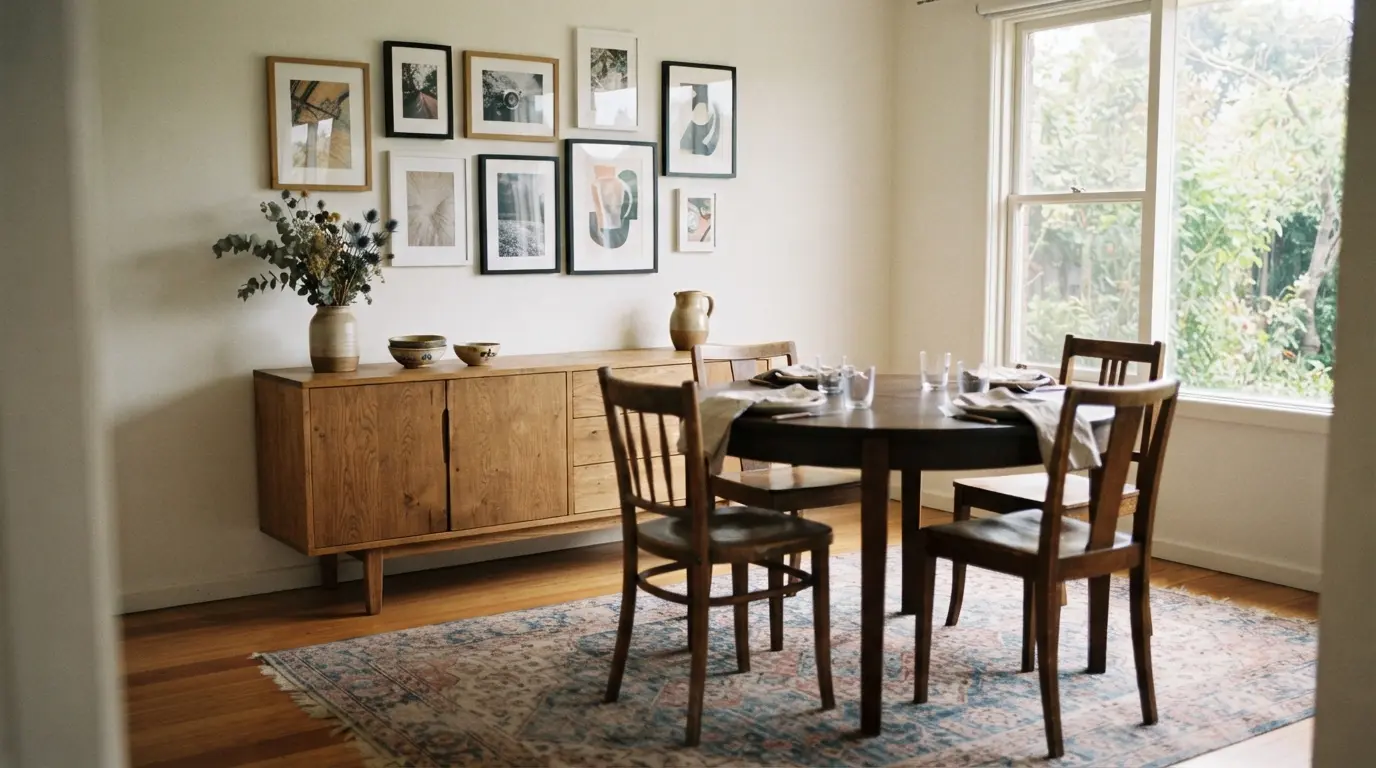 Dining room with a gallery wall, rug, and curated display adding character