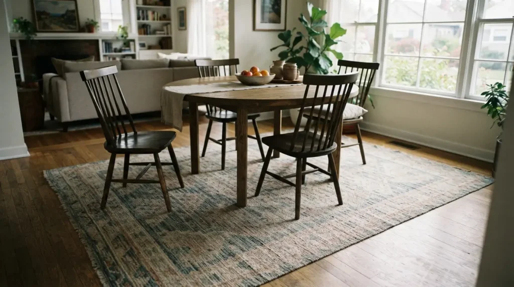 Dining table and chairs positioned correctly on a properly sized area rug