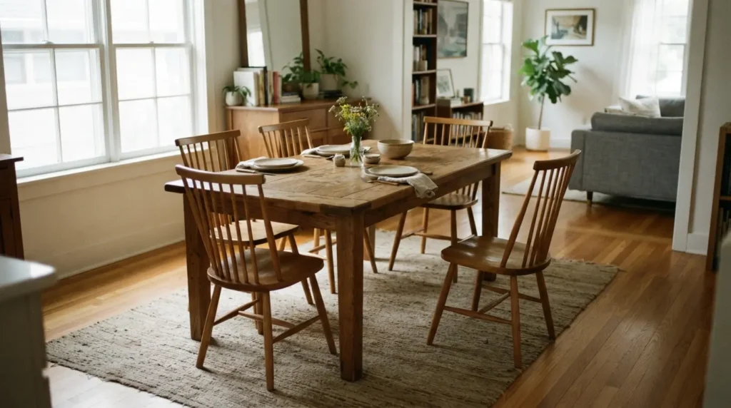 Dining table with proper clearance space for chairs in a well-proportioned room