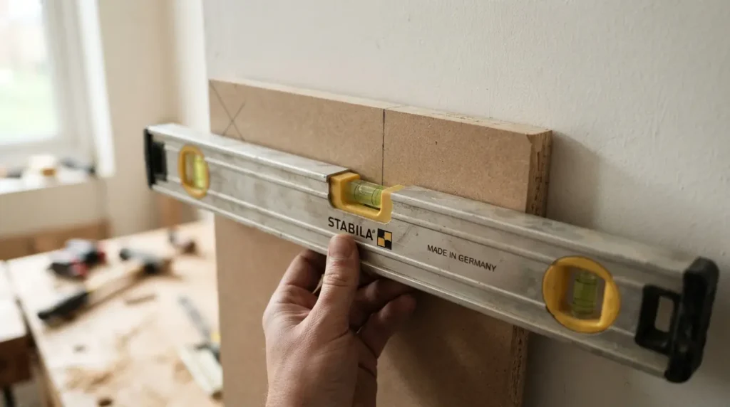 Spirit level checking the first panel is vertical before fixing to the wall