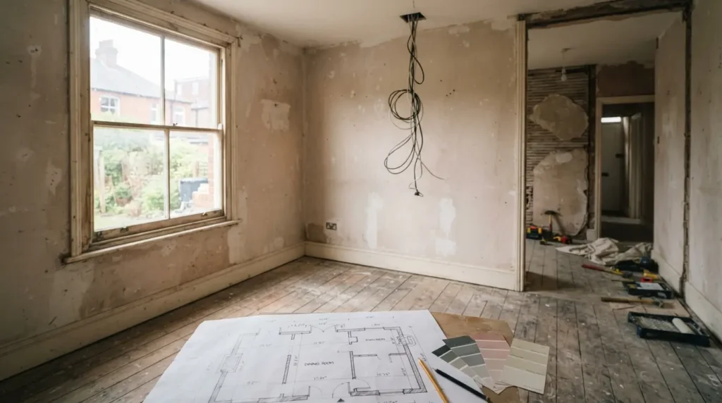 Empty dining room being planned with furniture and lighting positions marked