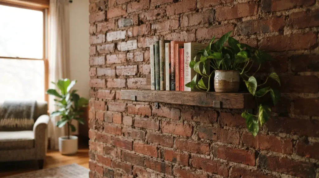 Exposed and sealed brick wall feature in a naturally lit living room
