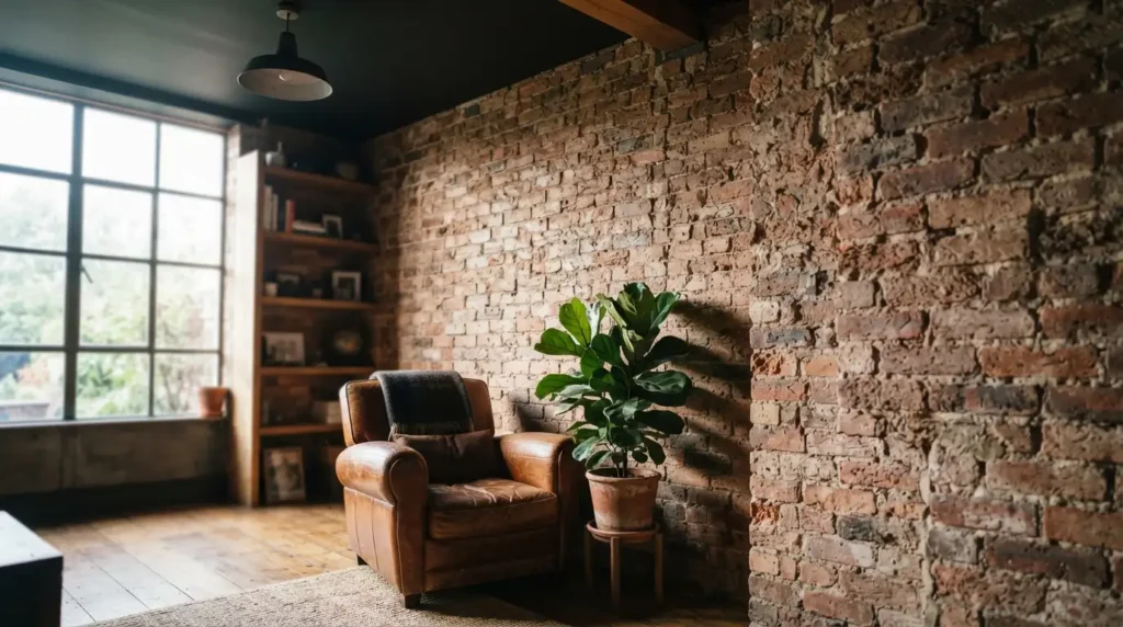 Exposed brick wall paired with a dark ceiling in a characterful living room