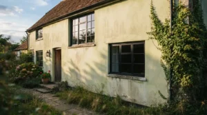 Exterior of a home with matte black window frames against light render walls