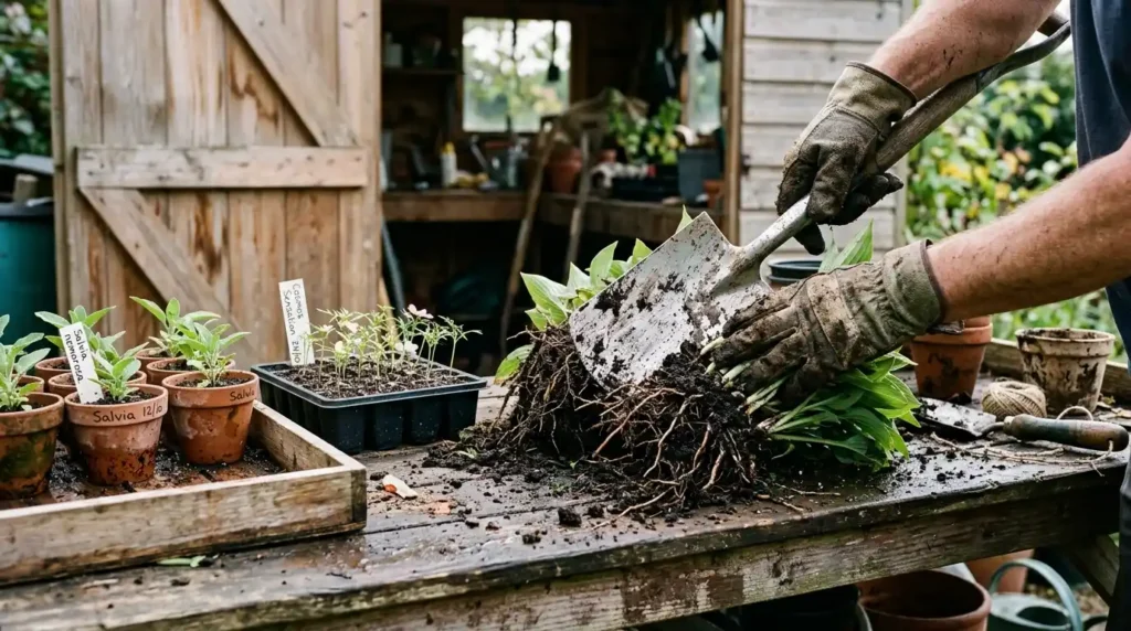 Gloved hands dividing a hosta clump beside pots of cuttings and seed trays for an affordable garden