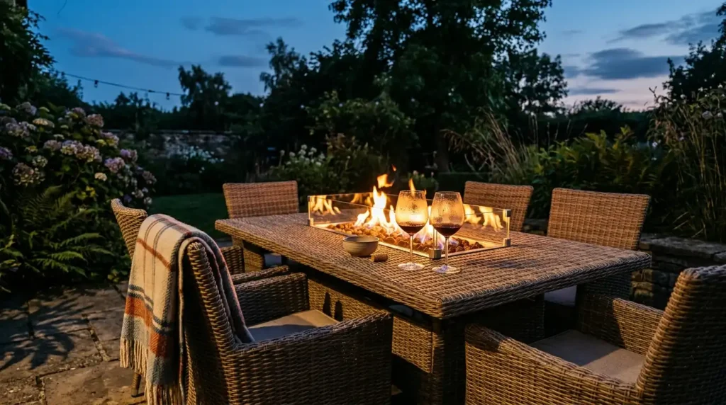 Rattan corner sofa set arranged in a garden corner with an outdoor rug and layered cushions