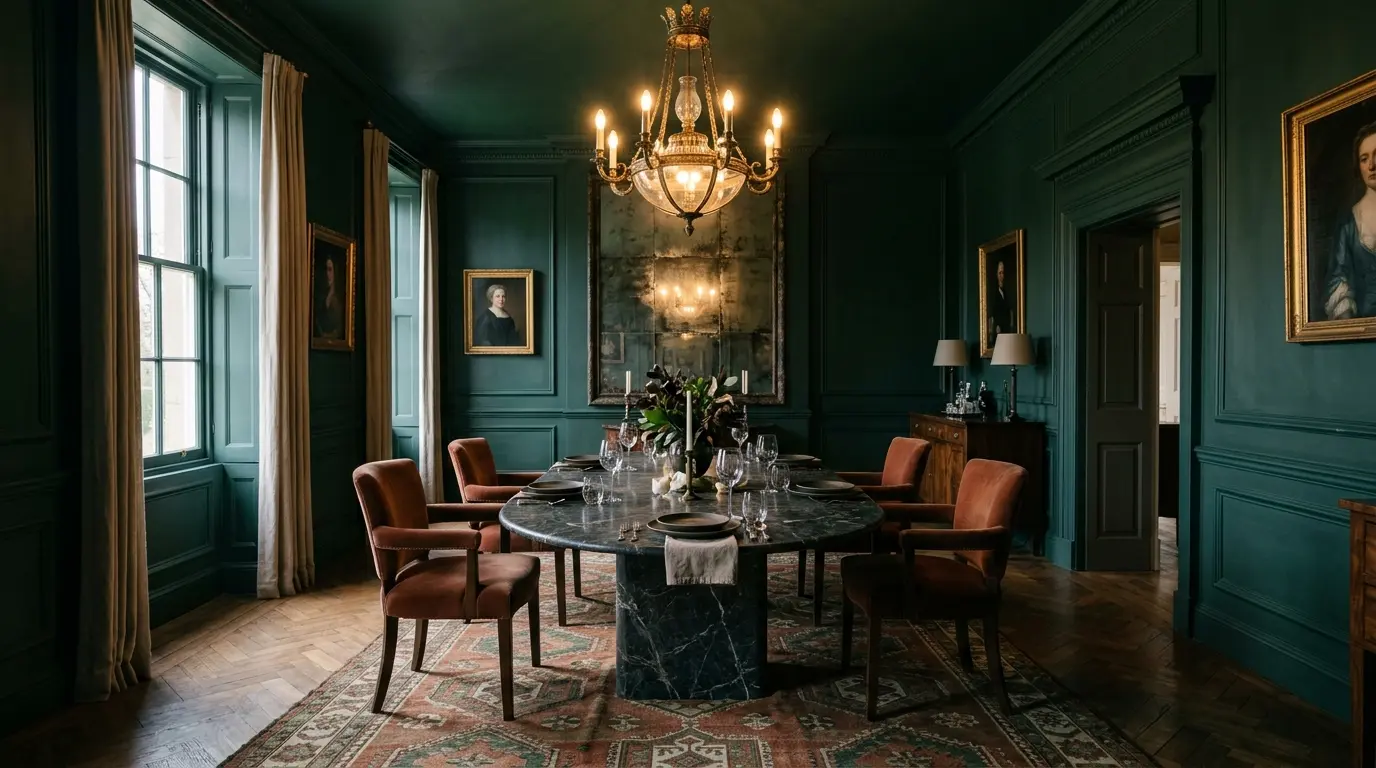 Formal luxury dining room with deep green walls, a brass chandelier and an oval stone table set for dinner