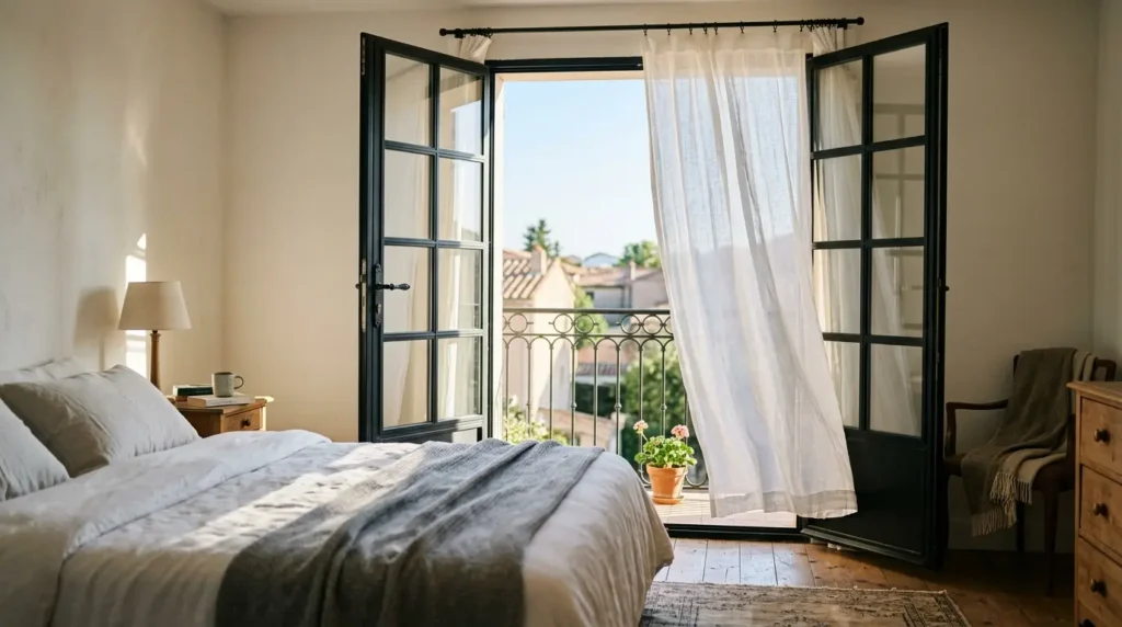 French doors painted a classic soft blue against period brickwork