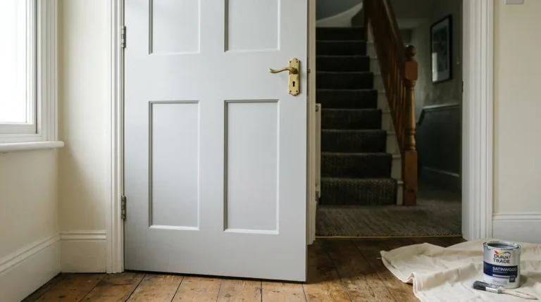Freshly painted satin grey internal door in a hallway, showing how to paint internal doors for a smooth finish