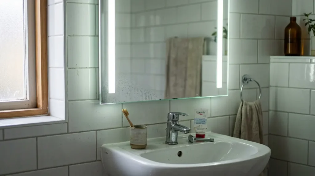 Front-lit rectangular bathroom mirror with adjustable colour temperature above a white basin in morning light