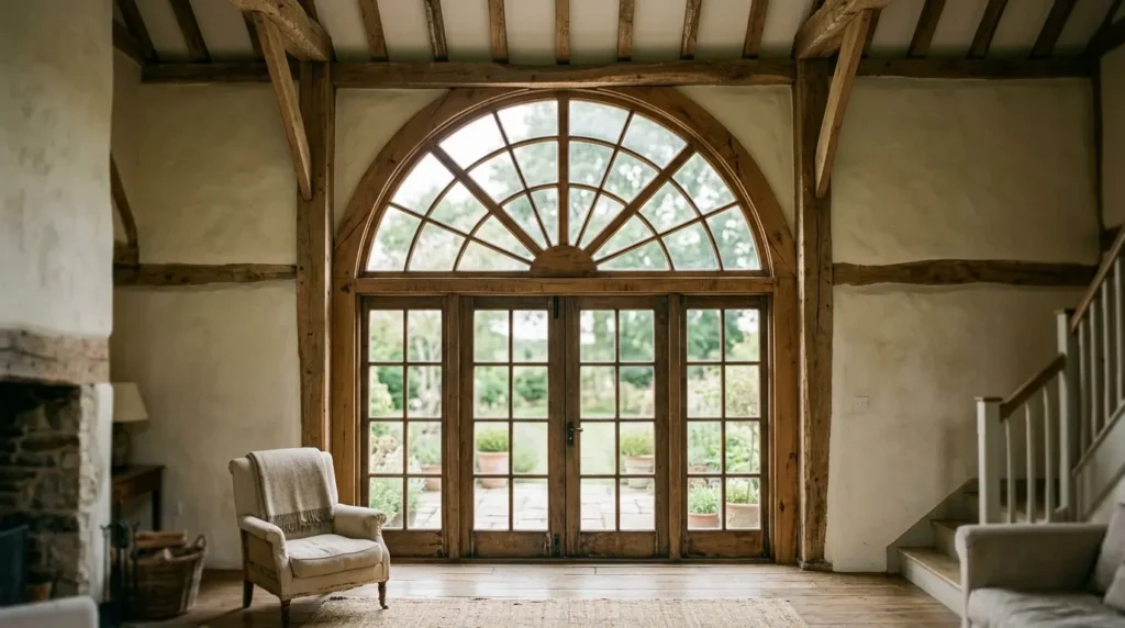 Full-height fanlight above French doors in a double-height period room