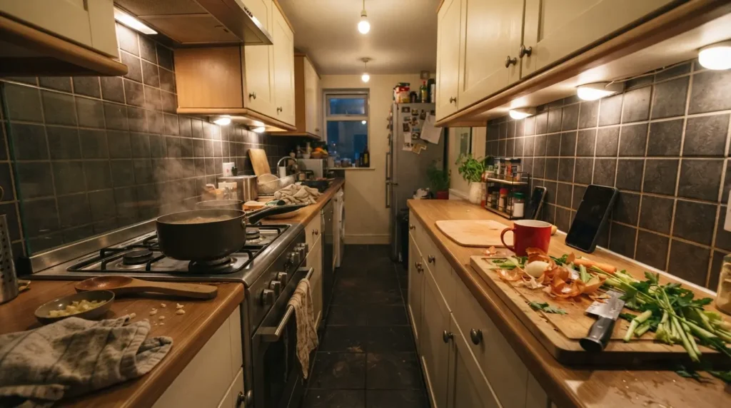 Narrow galley kitchen layout with two parallel worktops and a compact work triangle