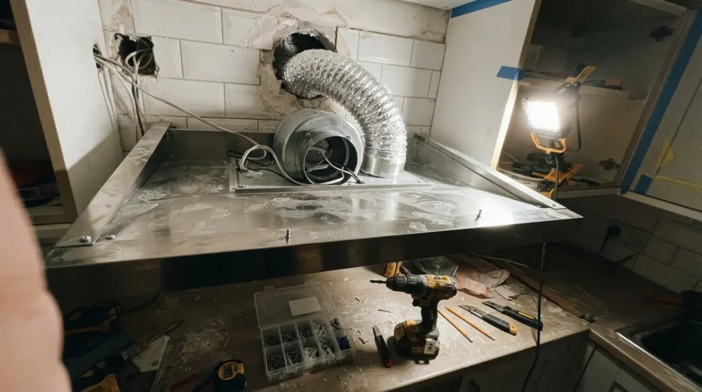 Kitchen extractor hood installation above a hob during a kitchen renovation