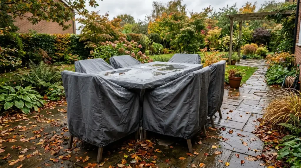 Garden furniture set with weatherproof cover fitted for winter storage