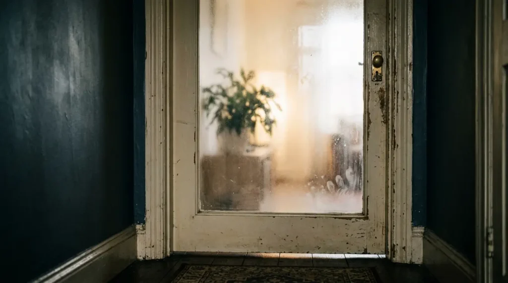 Frosted glazed internal door letting light into a narrow hallway